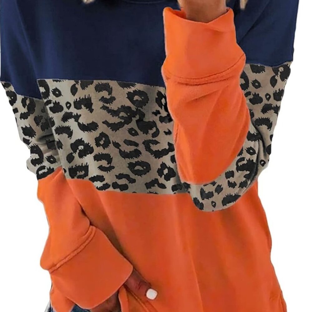 Leopard Colorblock Pullover Hoodie - Orange & Navy